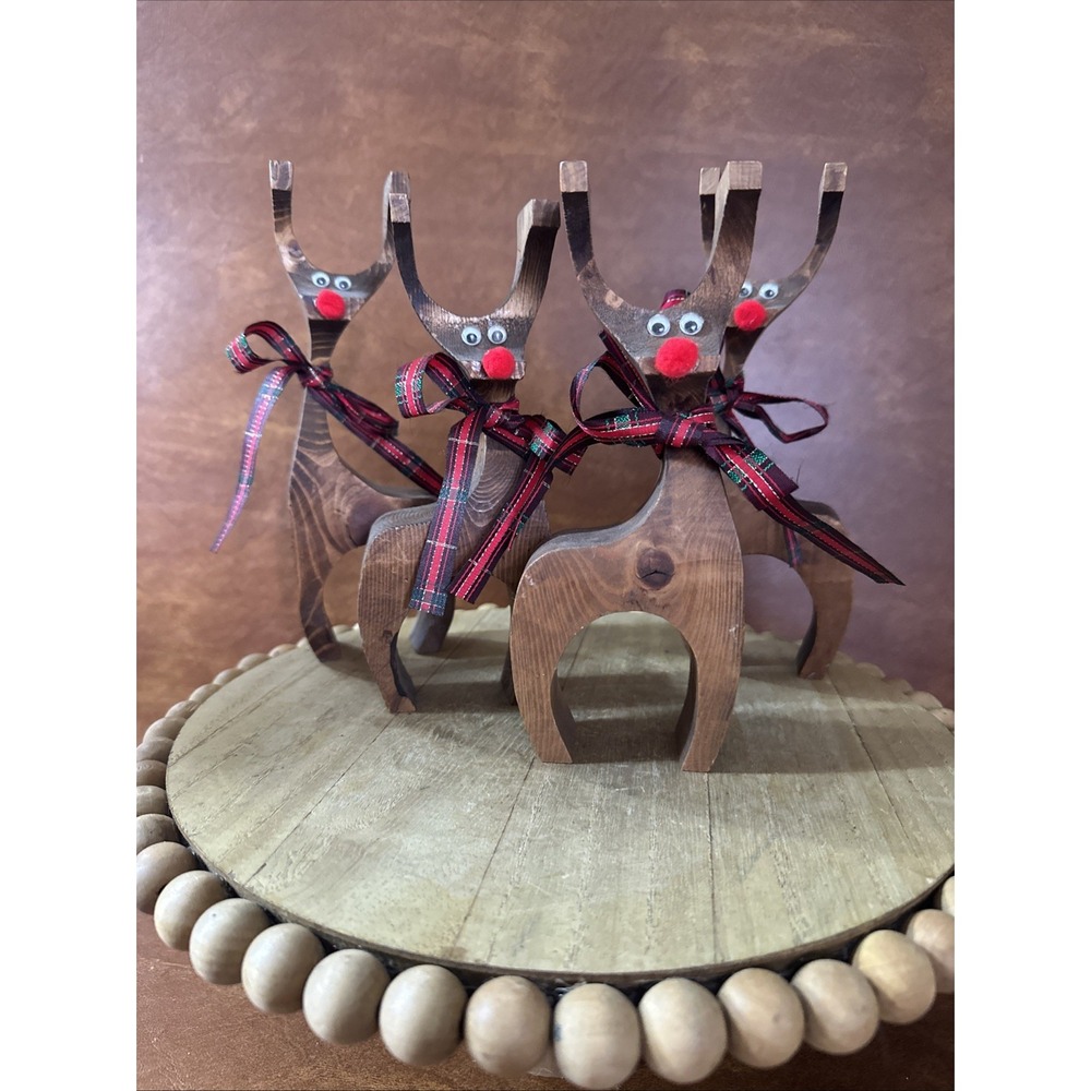 Christmas Reindeer Wooden Handcrafted  Rudolph Figures Painted Lot/Set of 4
